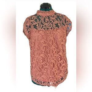 Romantic Feminine Peach Lace W Ruffle Mockneck Blouse Casual Sz L